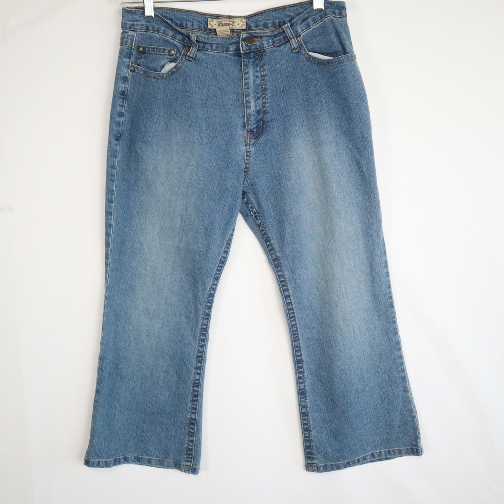 Karen T Jeans‎ Womens 14W Capri Flap Pocket Embroidered Stretch Flex Denim Blue